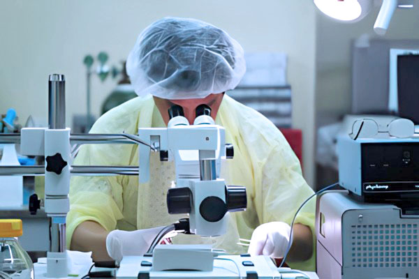 researcher looking into microscope